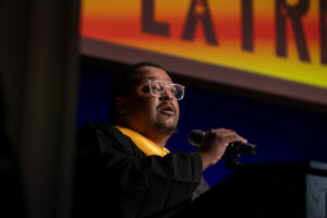 Charles Gibson III speaks during Randolph College's Gospel Extravaganza