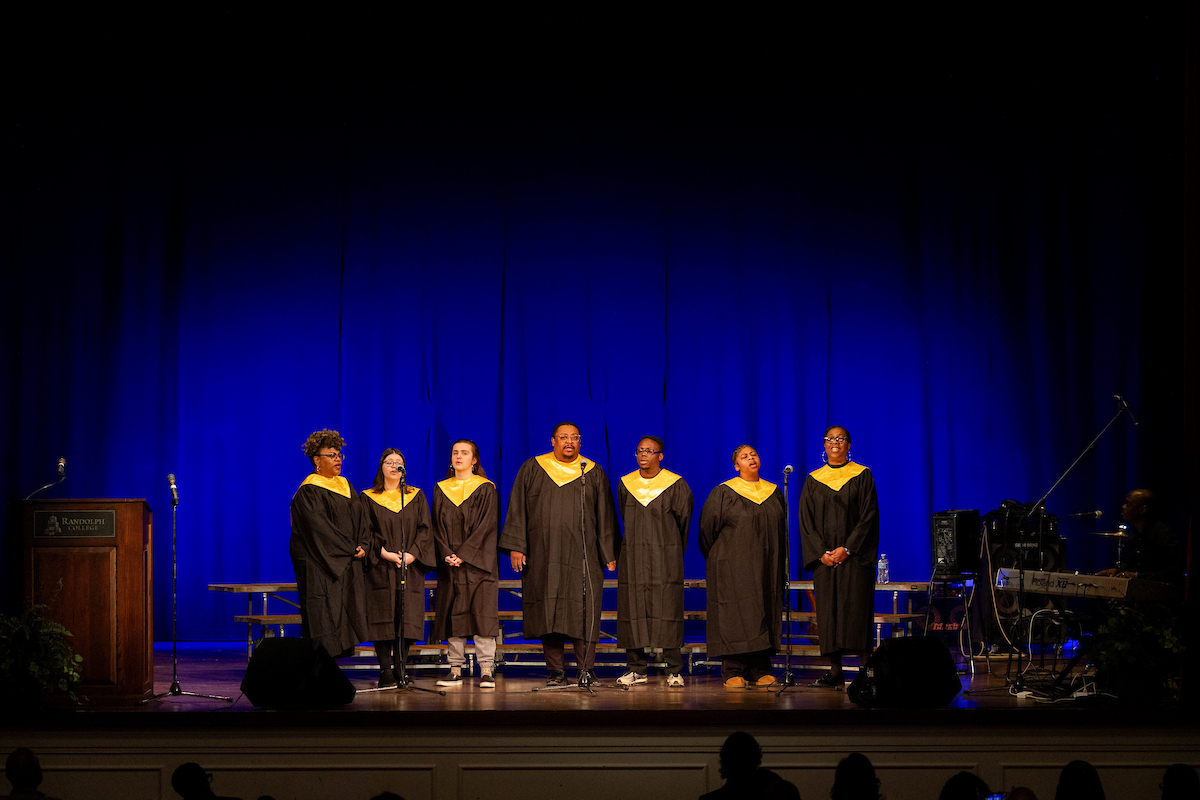 Randolph College's gospel choir performs on stage