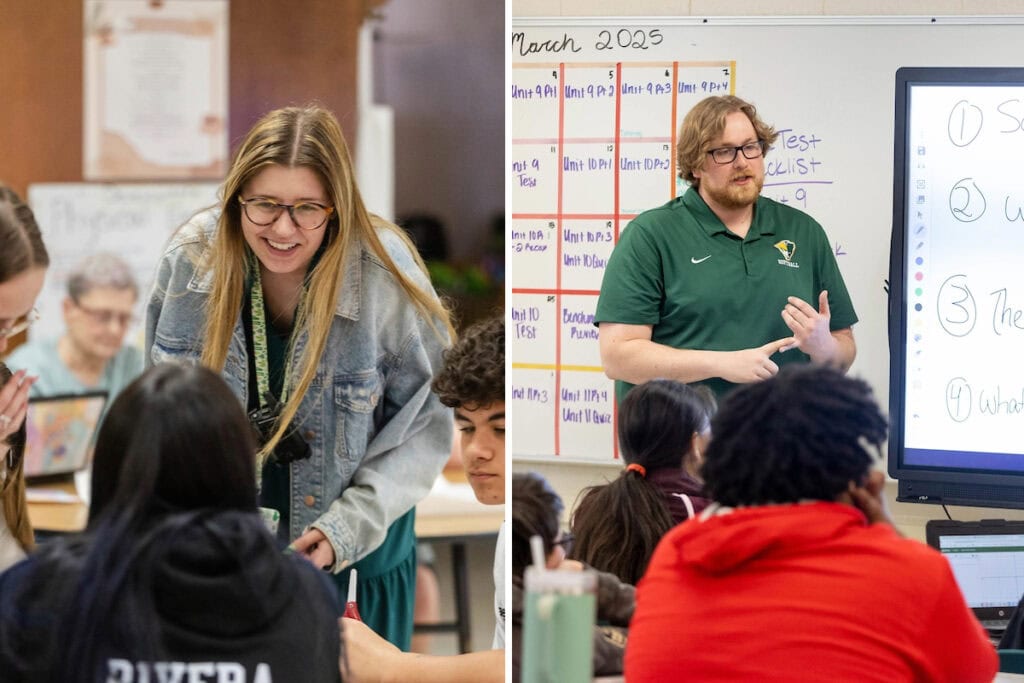 A collage photo featuring teachers Madi Tyree and Jack Dolan with their students A collage photo featuring teachers Madi Tyree and Jack Dolan with their students