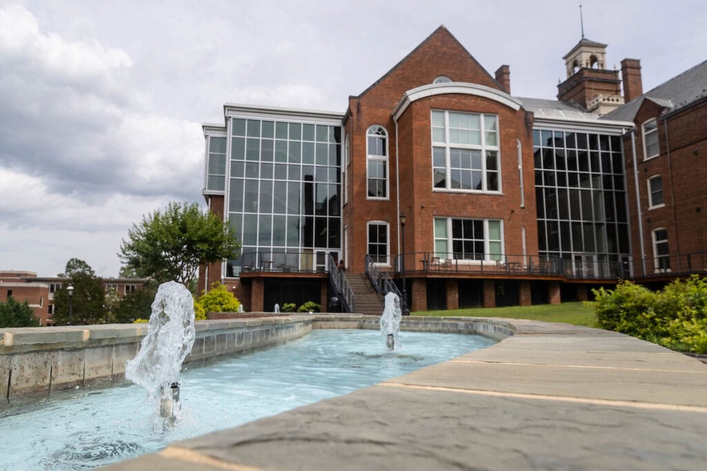 Randolph's Student Center, with fountains in the forground Randolph's Student Center, with fountains in the forground