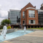 Randolph's Student Center, with fountains in the forground