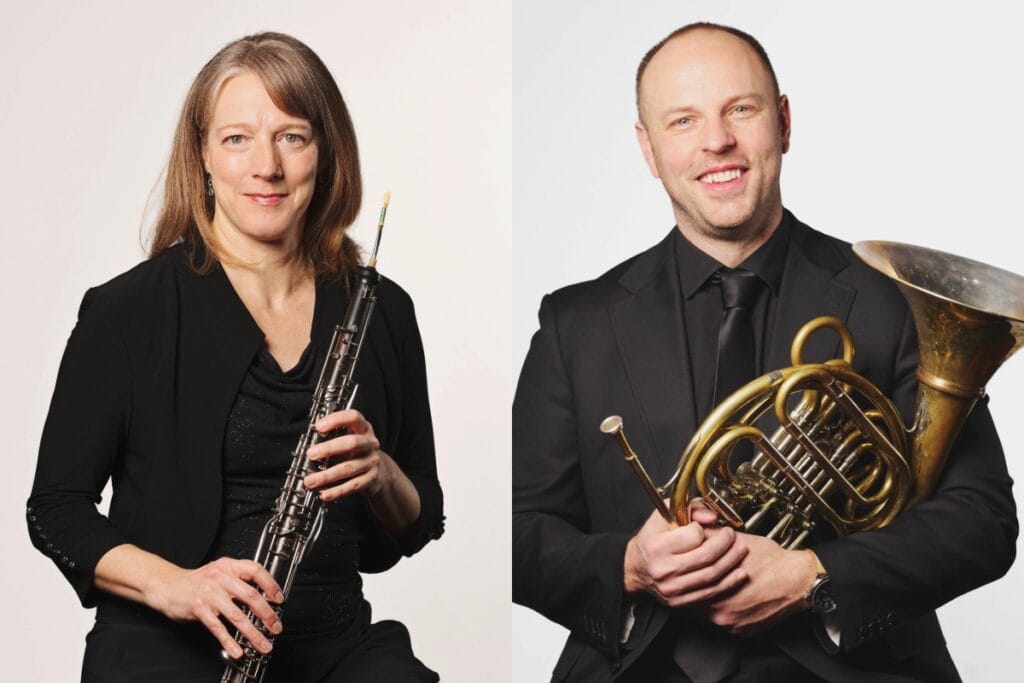 A photo collage of a woman holding an English horn and a man holding a French horn