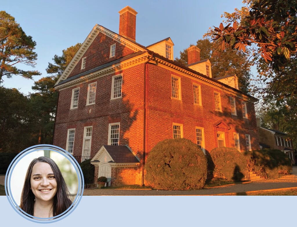 A historic brick building is the main image, with a photo of a woman in the corner