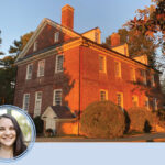 A historic brick building is the main image, with a photo of a woman in the corner