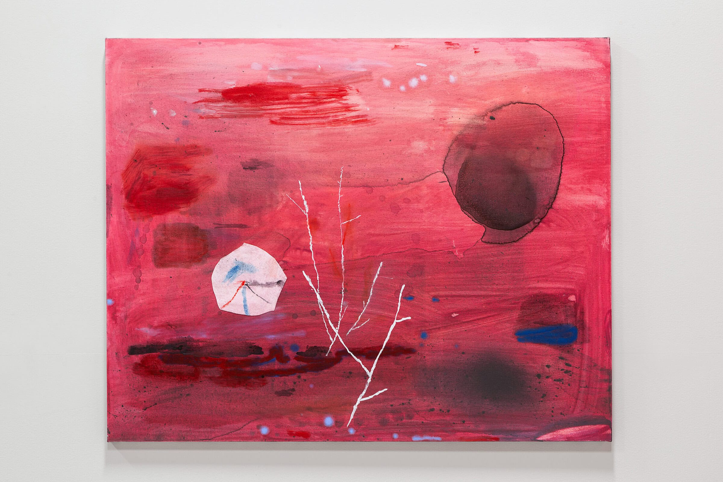 A bright painting, with hues of red and pink in large strokes