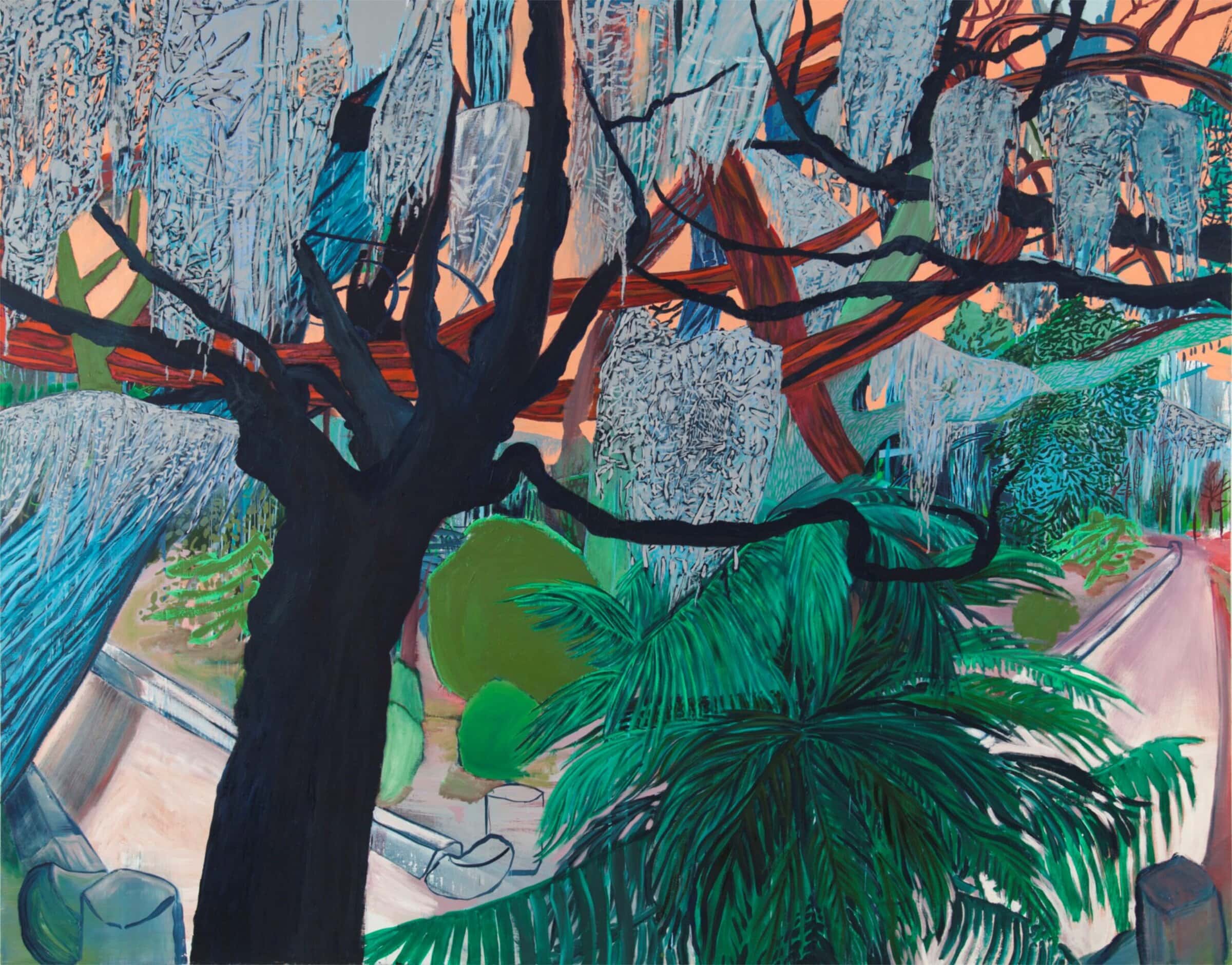 A painting with a dark tree trunk in the foreground, surrounded by leaves in lush greens and blues
