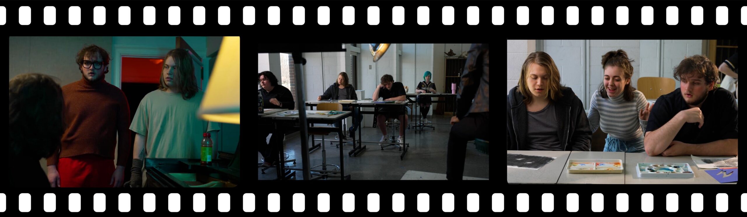A film strip with three photos in each slot