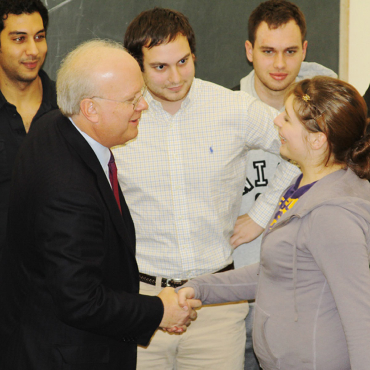 Republican political strategist Karl Rove meets with Randolph students prior to a lecture on campus.