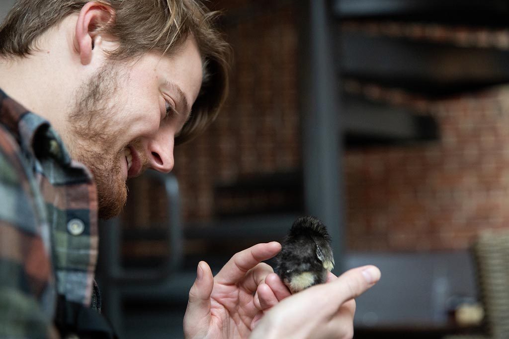 Randolph College students welcome baby chicks who will soon reside in the Organic Garden.