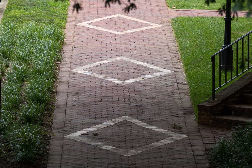 Diamonds in the red brick pathways at Randolph College